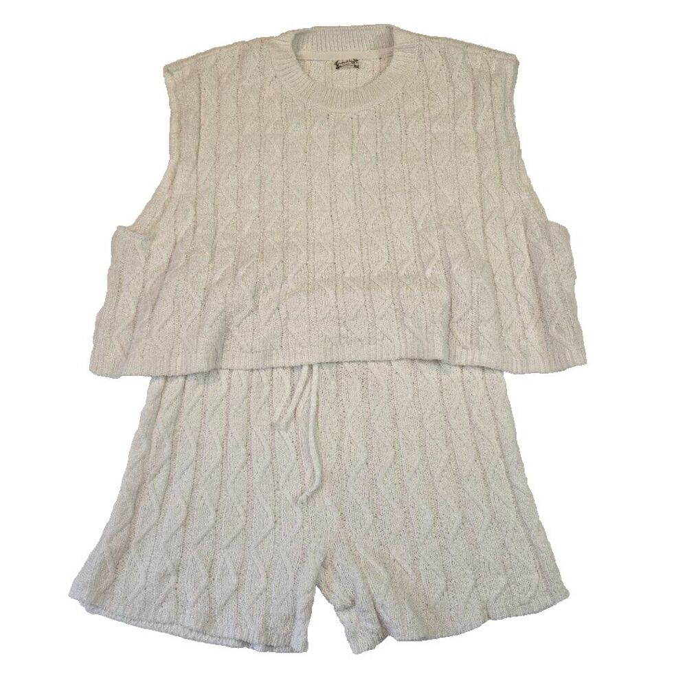 FREE PEOPLE Intimately‎ Women's Cable Knit Tank Shorts Sweater Set White Size L